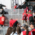 People take cover during a shooting at Union Station during the Kansas City Chiefs Super Bowl LVIII victory parade. Photograph: Jamie Squire/Getty Images